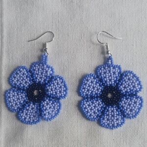 Blue Beaded Flower Earrings